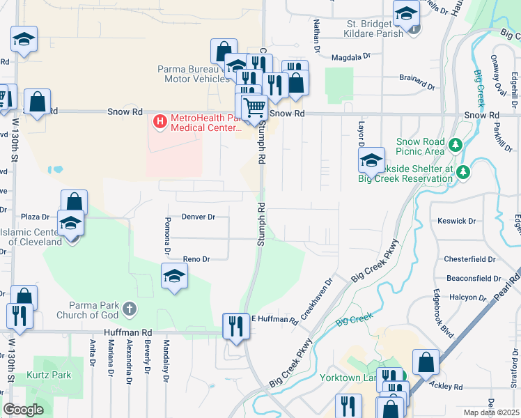 map of restaurants, bars, coffee shops, grocery stores, and more near 6000 Stumph Road in Parma