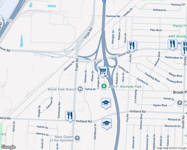 map of restaurants, bars, coffee shops, grocery stores, and more near 6076 Slater Drive in Brook Park