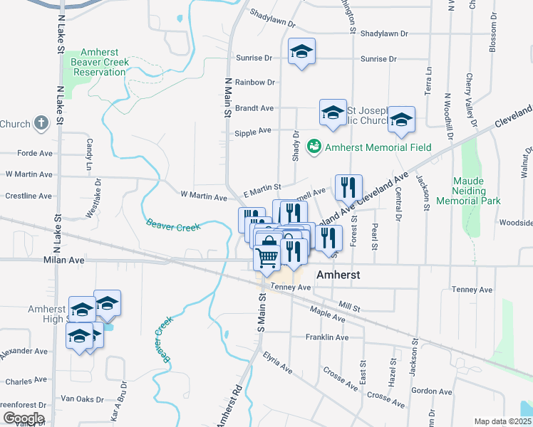 map of restaurants, bars, coffee shops, grocery stores, and more near 173 North Main Street in Amherst