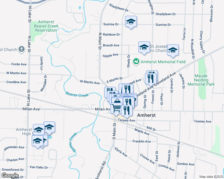 map of restaurants, bars, coffee shops, grocery stores, and more near 173 North Main Street in Amherst