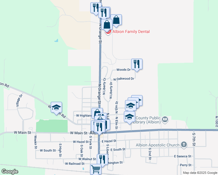 map of restaurants, bars, coffee shops, grocery stores, and more near 508 North Liberty Drive in Albion
