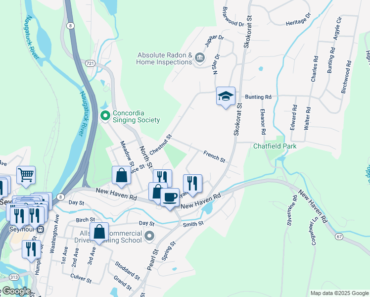 map of restaurants, bars, coffee shops, grocery stores, and more near 14 Chestnut Street in Seymour
