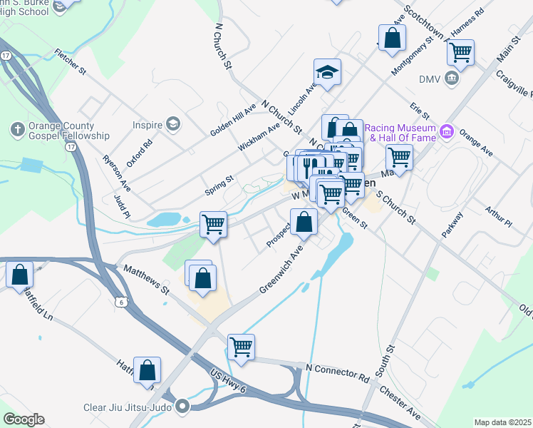 map of restaurants, bars, coffee shops, grocery stores, and more near 14 William Street in Goshen