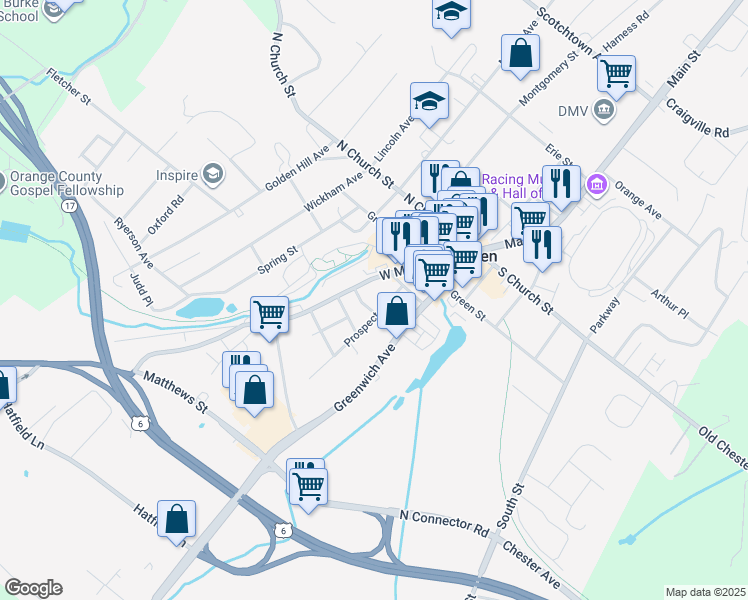 map of restaurants, bars, coffee shops, grocery stores, and more near 37 Prospect Avenue in Goshen
