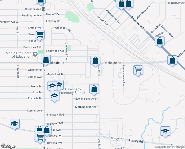 map of restaurants, bars, coffee shops, grocery stores, and more near 16230 South Glenn Drive in Maple Heights