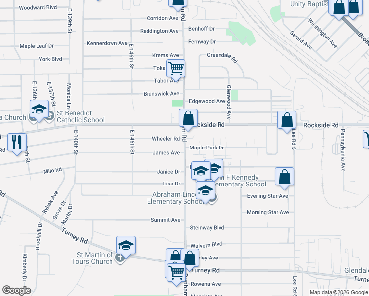 map of restaurants, bars, coffee shops, grocery stores, and more near Dunham Road in Maple Heights