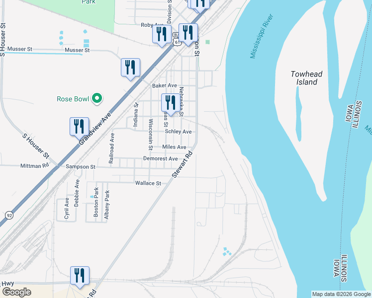 map of restaurants, bars, coffee shops, grocery stores, and more near 1501-1799 Oregon St in Muscatine