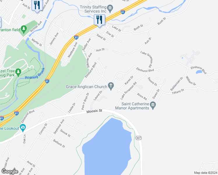 map of restaurants, bars, coffee shops, grocery stores, and more near 930 Hickory Street in Scranton