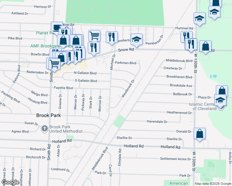 map of restaurants, bars, coffee shops, grocery stores, and more near 6044 Westbrook Drive in Brook Park
