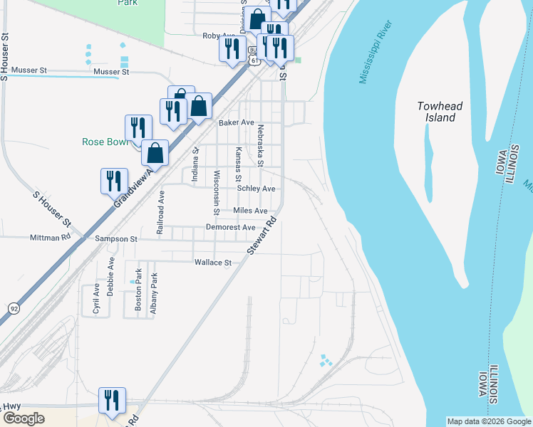 map of restaurants, bars, coffee shops, grocery stores, and more near 1501-1799 Oregon St in Muscatine