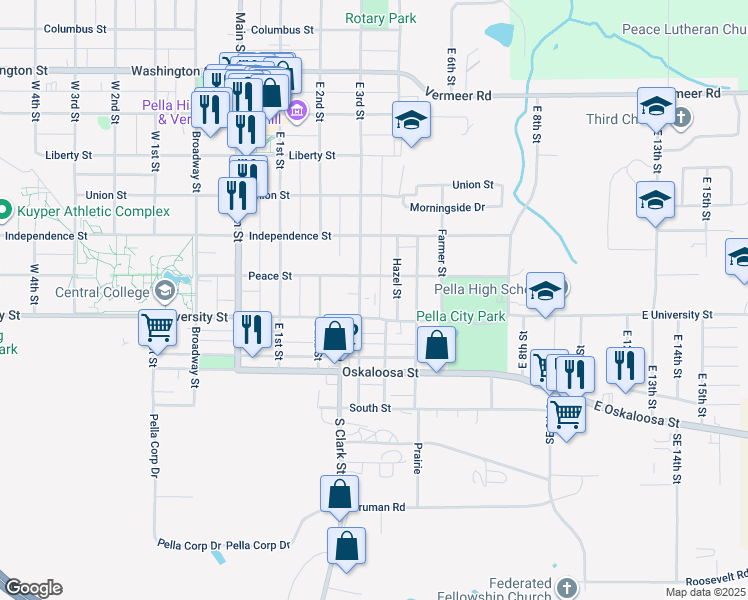 map of restaurants, bars, coffee shops, grocery stores, and more near 309 University Street in Pella