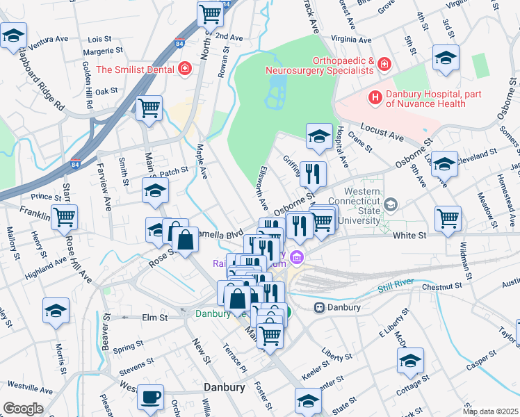 map of restaurants, bars, coffee shops, grocery stores, and more near 8 Osborne Street in Danbury