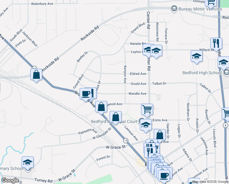 map of restaurants, bars, coffee shops, grocery stores, and more near 107 Wandle Avenue in Bedford