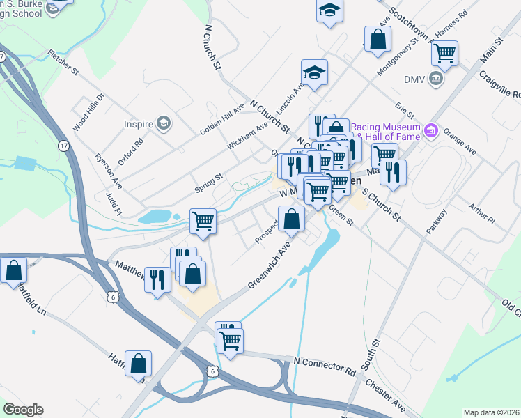 map of restaurants, bars, coffee shops, grocery stores, and more near 14 William Street in Goshen