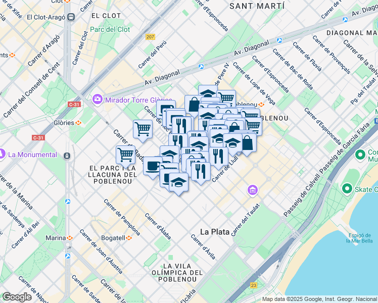 map of restaurants, bars, coffee shops, grocery stores, and more near Carrer de Pallars in Barcelona