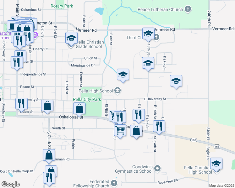 map of restaurants, bars, coffee shops, grocery stores, and more near 212 East University Street in Pella