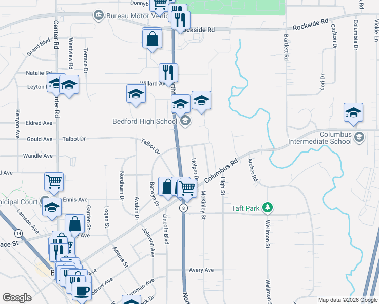 map of restaurants, bars, coffee shops, grocery stores, and more near in Bedford