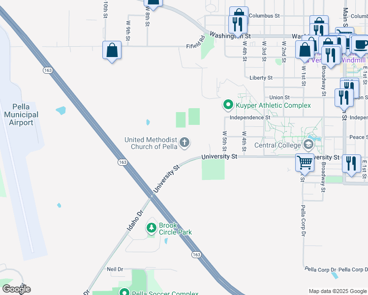 map of restaurants, bars, coffee shops, grocery stores, and more near 1414 University Street in Pella