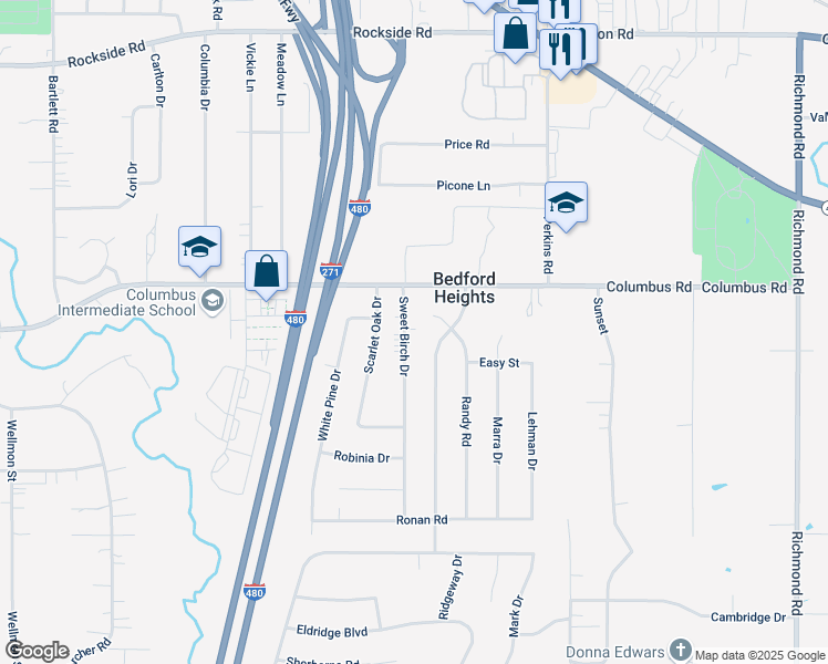 map of restaurants, bars, coffee shops, grocery stores, and more near 5817 Sweet Birch Drive in Bedford Heights