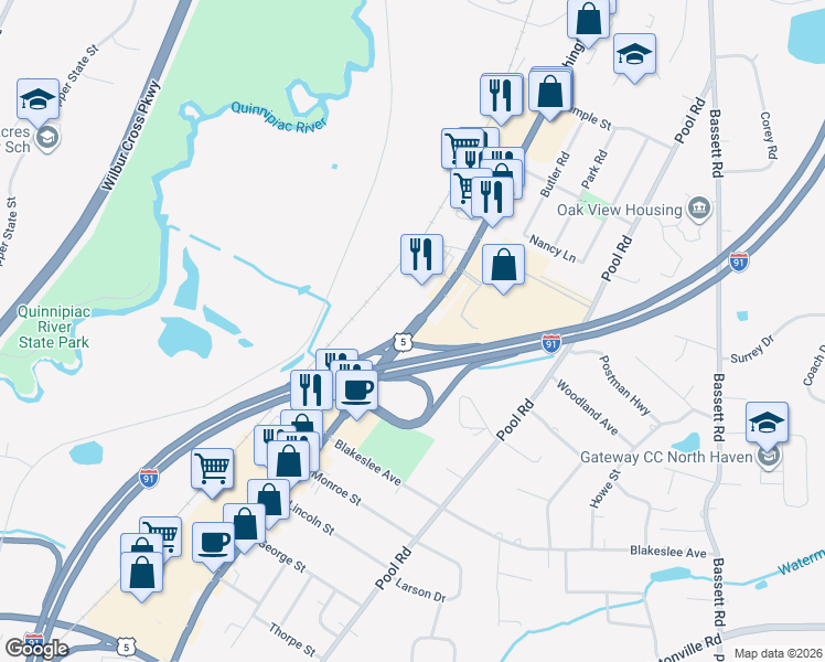 map of restaurants, bars, coffee shops, grocery stores, and more near 265 Washington Avenue in North Haven
