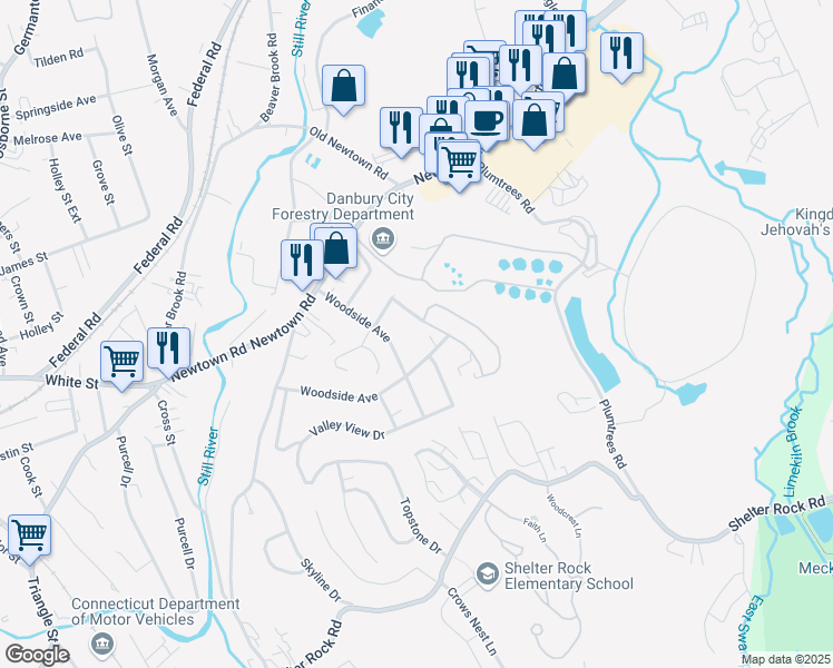 map of restaurants, bars, coffee shops, grocery stores, and more near 110 Eden Drive in Danbury