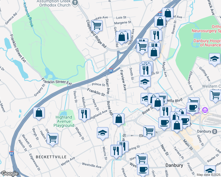 map of restaurants, bars, coffee shops, grocery stores, and more near 19 Starr Avenue in Danbury