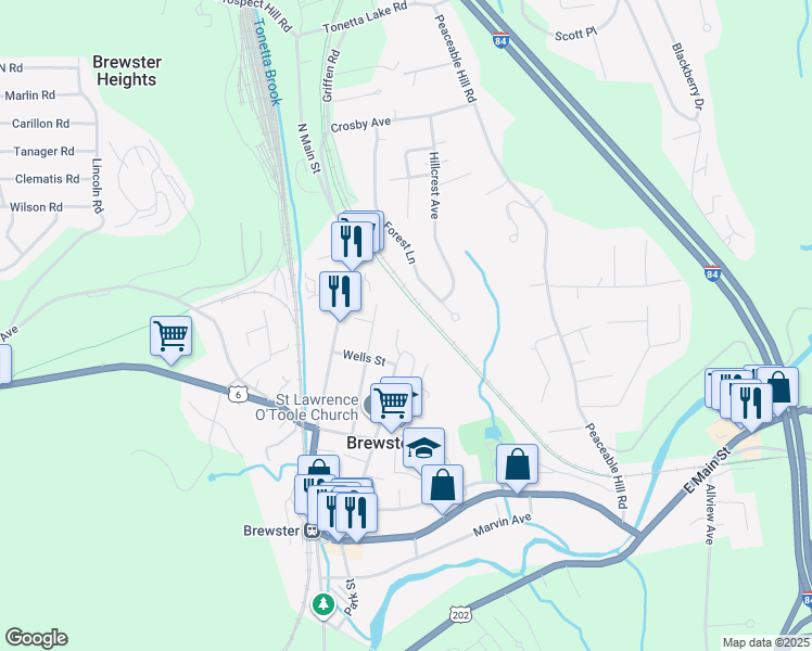 map of restaurants, bars, coffee shops, grocery stores, and more near 71 Forest Lane in Brewster
