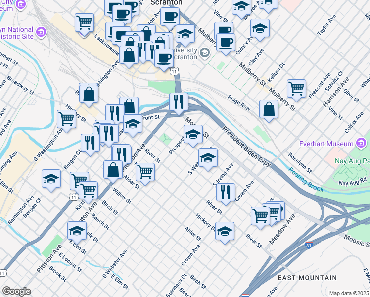 map of restaurants, bars, coffee shops, grocery stores, and more near 542 Hemlock Street in Scranton