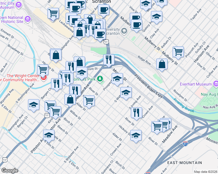 map of restaurants, bars, coffee shops, grocery stores, and more near 542 Hemlock Street in Scranton