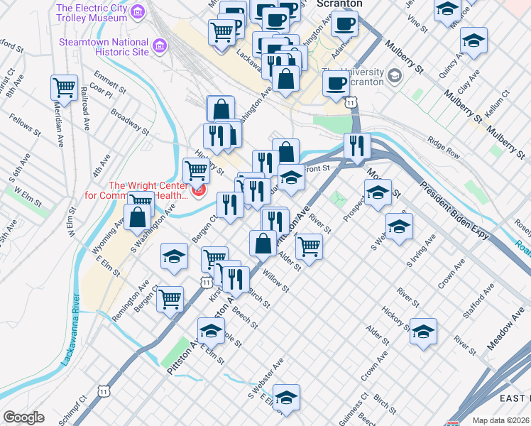 map of restaurants, bars, coffee shops, grocery stores, and more near 436 Cedar Avenue in Scranton