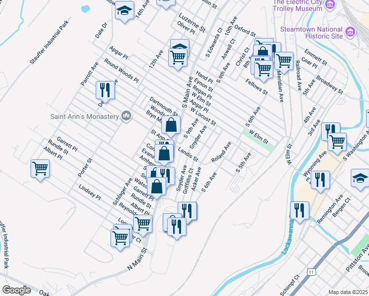 map of restaurants, bars, coffee shops, grocery stores, and more near 1017-1019 S Main Ave in Scranton