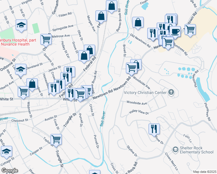 map of restaurants, bars, coffee shops, grocery stores, and more near 14 Newtown Road in Danbury