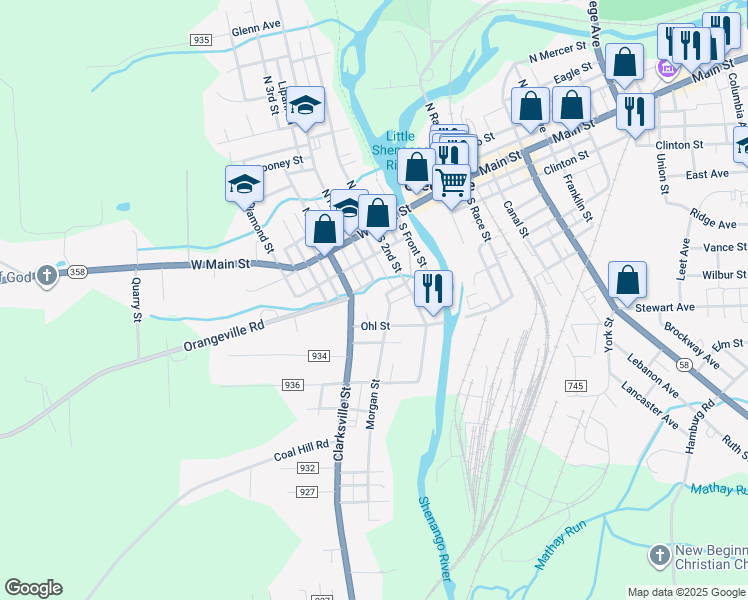map of restaurants, bars, coffee shops, grocery stores, and more near 30 South High Street in Greenville
