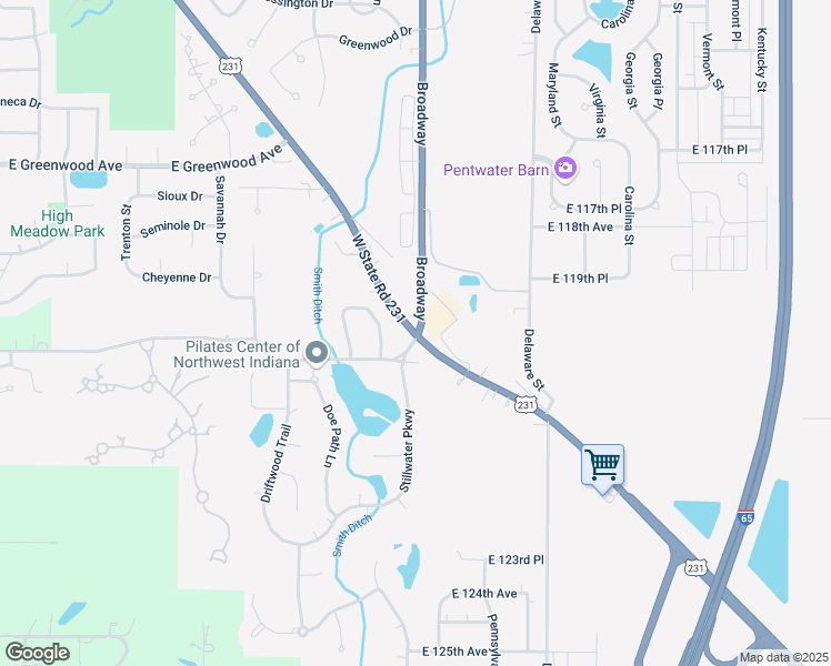 map of restaurants, bars, coffee shops, grocery stores, and more near U.S. 231 & Broadway in Crown Point