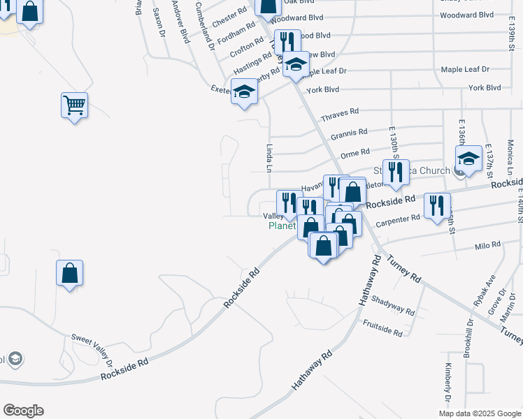 map of restaurants, bars, coffee shops, grocery stores, and more near 12125 Valley Lane Drive in Cleveland