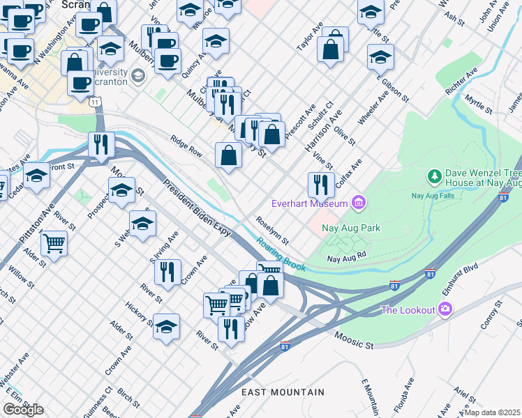 map of restaurants, bars, coffee shops, grocery stores, and more near 302 Harrison Avenue in Scranton