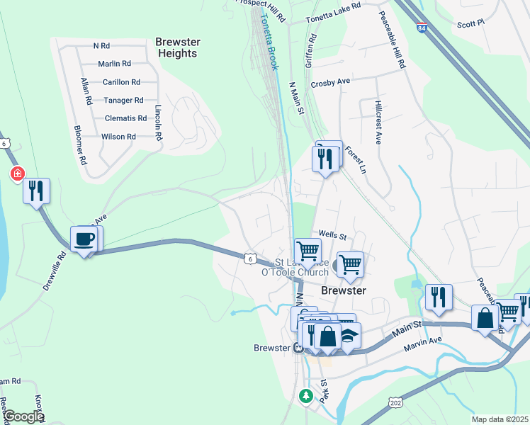 map of restaurants, bars, coffee shops, grocery stores, and more near 19 Putnam Terrace in Brewster