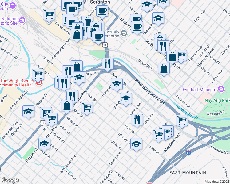 map of restaurants, bars, coffee shops, grocery stores, and more near 624 Hemlock Street in Scranton