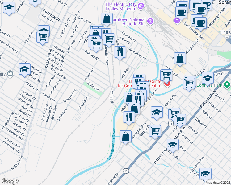 map of restaurants, bars, coffee shops, grocery stores, and more near 521 4th Street in Dunmore