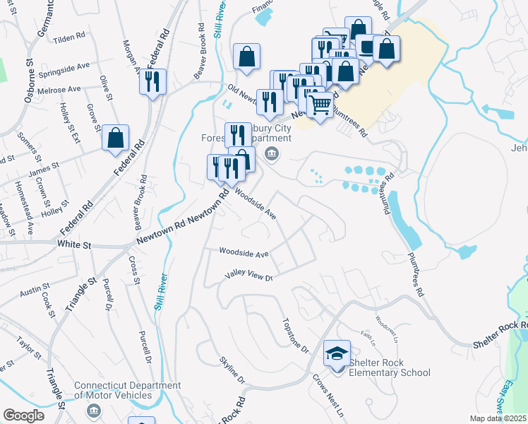 map of restaurants, bars, coffee shops, grocery stores, and more near 5 Woodside Avenue in Danbury