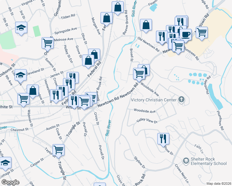 map of restaurants, bars, coffee shops, grocery stores, and more near 14 Newtown Road in Danbury