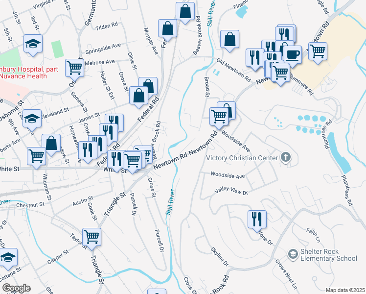 map of restaurants, bars, coffee shops, grocery stores, and more near 14 Newtown Road in Danbury