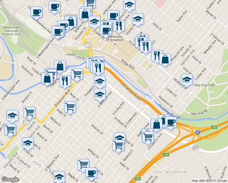 map of restaurants, bars, coffee shops, grocery stores, and more near 708 Moosic Street in Scranton
