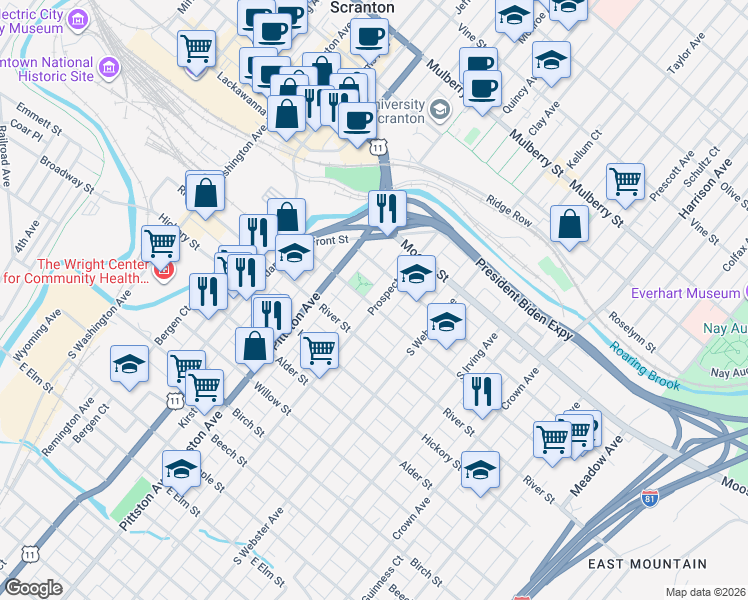 map of restaurants, bars, coffee shops, grocery stores, and more near 542 Hemlock Street in Scranton