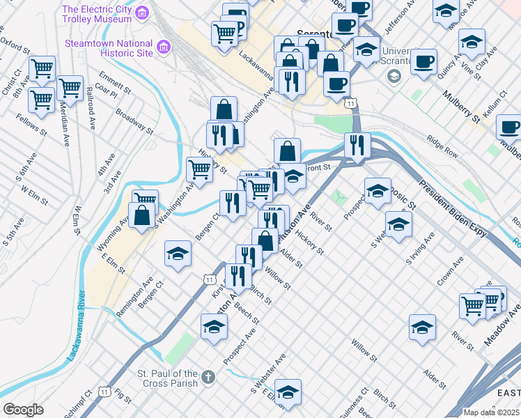 map of restaurants, bars, coffee shops, grocery stores, and more near 436 Cedar Avenue in Scranton