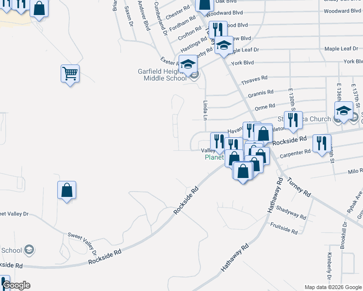 map of restaurants, bars, coffee shops, grocery stores, and more near 12083 Havana Road in Garfield Heights