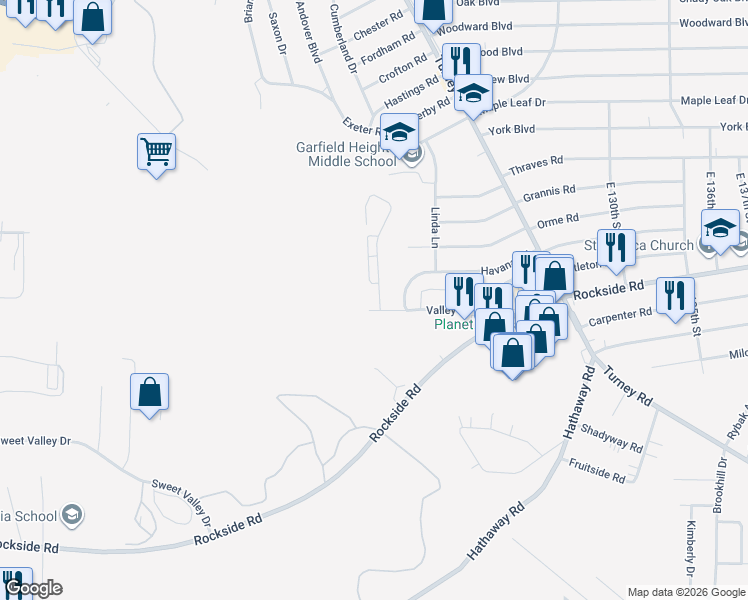map of restaurants, bars, coffee shops, grocery stores, and more near 6070 Andover Boulevard in Garfield Heights