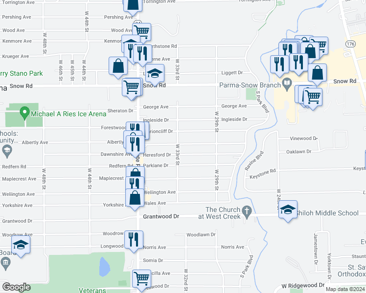 map of restaurants, bars, coffee shops, grocery stores, and more near 3207 Commonwealth Drive in Parma