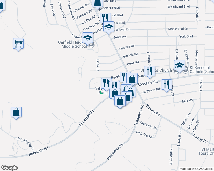 map of restaurants, bars, coffee shops, grocery stores, and more near 12205 Valley Lane Drive in Garfield Heights