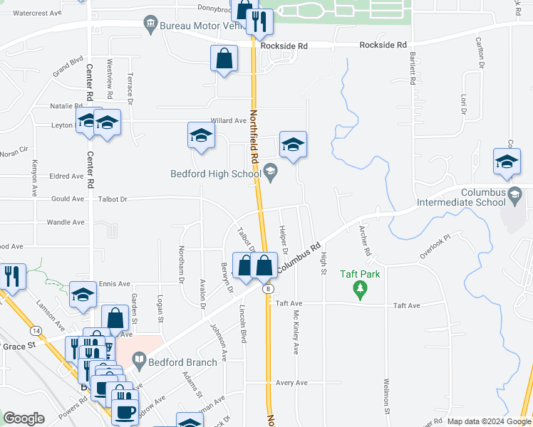 map of restaurants, bars, coffee shops, grocery stores, and more near 533 Northfield Road in Bedford